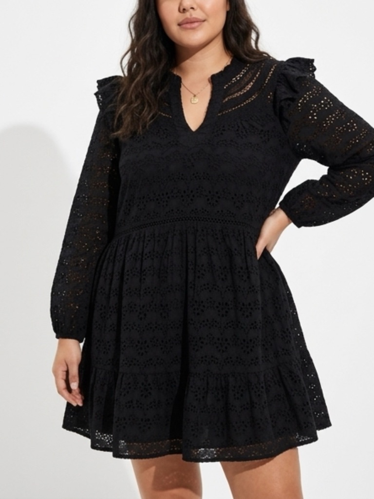 Ae77 Elegant Black Eyelet Long Sleeve Baby Doll Dress Milkmaid